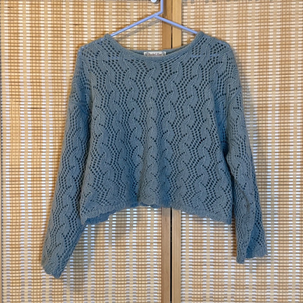 Rachel Max Womens Blue Mohair Blend Pointelle Knit Pullover Sweater M‎ Boho Chic